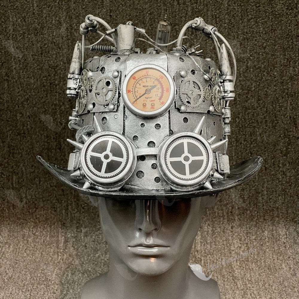 Unisex Steampunk Gauge Style Silver Hat W/ light